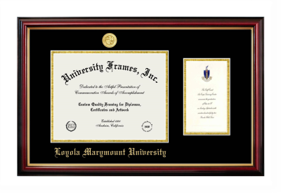 Loyola Marymount University Diploma with Announcement Frame in Petite Mahogany with Gold Trim with Black & Gold Mats for document: 8 1/2"h x 11"w  , diploma: 7"h x 4"w  