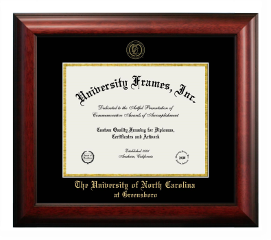 University of North Carolina at Greensboro Diploma Frame in Satin Mahogany with Black & Gold Mats for DOCUMENT: 8 1/2"H X 11"W  