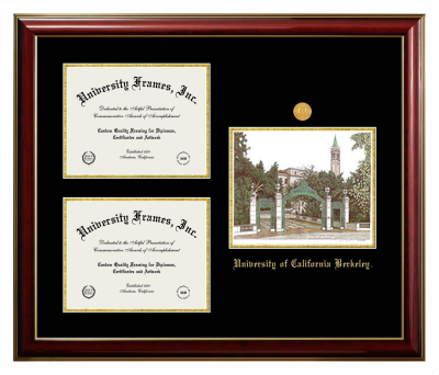 University of California Berkeley Triple Opening with Campus Image Frame in Classic Mahogany with Gold Trim with Black & Gold Mats for DOCUMENT: 8 1/2"H X 11"W  , DOCUMENT: 8 1/2"H X 11"W  