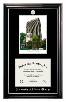 University of Illinois Chicago Double Opening with Campus Image (Stacked) Frame in Classic Ebony with Silver Trim with Black & Silver Mats for DOCUMENT: 8 1/2"H X 11"W  