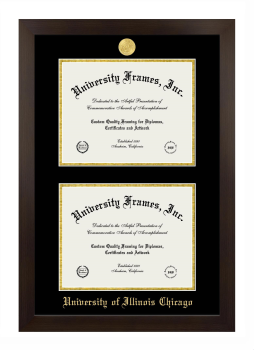University of Illinois Chicago Double Degree (Stacked) Frame in Manhattan Espresso with Black & Gold Mats for DOCUMENT: 8 1/2"H X 11"W  , DOCUMENT: 8 1/2"H X 11"W  
