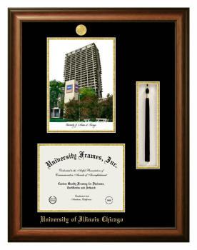 University of Illinois Chicago Double Opening with Campus Image & Tassel Box (Stacked) Frame in Satin Walnut with Black & Gold Mats for DOCUMENT: 8 1/2"H X 11"W  