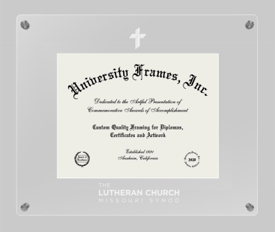 Lutheran Church Missouri Synod Lucent Clear-over-Clear Frame in Lucent Clear Moulding with Lucent Clear Mat for document: 8 1/2"h x 11"w  