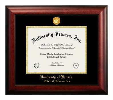 University of Kansas Clinical Informatics Diploma Frame in Satin Mahogany with Black & Gold Mats for document: 8 1/2"h x 11"w  