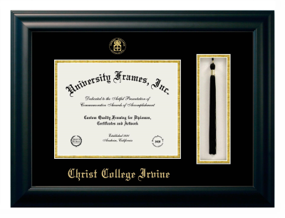 Christ College Irvine Diploma with Tassel Box Frame in Satin Black with Black & Gold Mats for document: 8 1/2"h x 11"w  