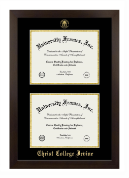 Christ College Irvine Double Degree (Stacked) Frame in Manhattan Espresso with Black & Gold Mats for document: 8 1/2"h x 11"w  , document: 8 1/2"h x 11"w  