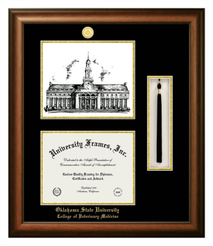 Oklahoma State University College of Veterinary Medicine Double Opening with Campus Image & Tassel Box (Stacked) Frame in Satin Walnut with Black & Gold Mats for document: 8 1/2"h x 11"w  