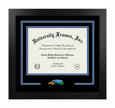 University of Houston Clear Lake Logo Mat Frame in Manhattan Black with Black & Royal Blue Mats for document: 8 1/2"h x 11"w  