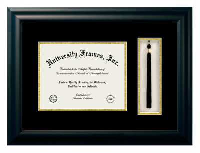 Boston University Diploma with Tassel Box Frame in Satin Black with Black & Gold Mats for document: 8 1/2"h x 11"w  
