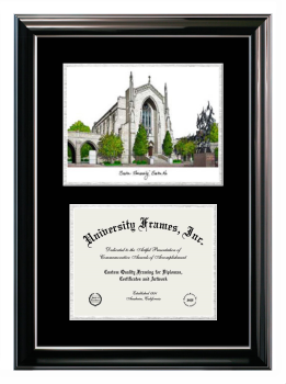 Boston University Double Opening with Campus Image (Stacked) Frame in Classic Ebony with Silver Trim with Black & Silver Mats for document: 8 1/2"h x 11"w  