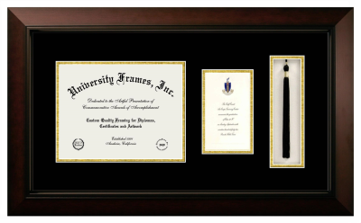 Boston University Diploma with Announcement & Tassel Box Frame in Legacy Black Cherry with Black & Gold Mats for document: 8 1/2"h x 11"w  , diploma: 7"h x 4"w  