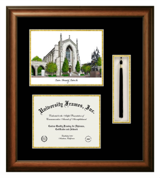 Boston University Double Opening with Campus Image & Tassel Box (Stacked) Frame in Satin Walnut with Black & Gold Mats for document: 8 1/2"h x 11"w  