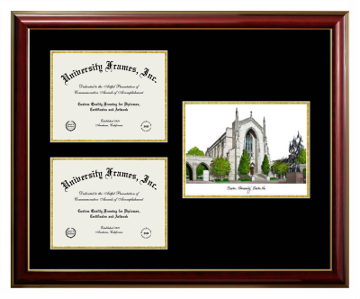 Boston University School of Medicine Triple Opening with Campus Image Frame in Classic Mahogany with Gold Trim with Black & Gold Mats for document: 8 1/2"h x 11"w  , document: 8 1/2"h x 11"w  