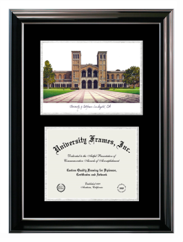 University of California Los Angeles Double Opening with Campus Image (Stacked) Frame in Classic Ebony with Silver Trim with Black & Silver Mats for DOCUMENT: 8 1/2"H X 11"W  