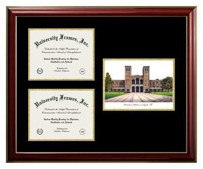 University of California Los Angeles Triple Opening with Campus Image Frame in Classic Mahogany with Gold Trim with Black & Gold Mats for DOCUMENT: 8 1/2"H X 11"W  , DOCUMENT: 8 1/2"H X 11"W  