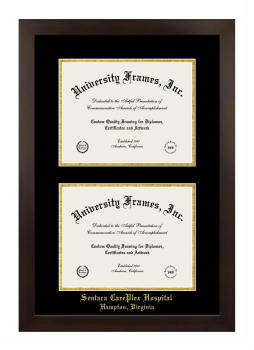 Sentara CarePlex Hospital Double Degree (Stacked) Frame in Manhattan Espresso with Black & Gold Mats for document: 8 1/2"h x 11"w  , document: 8 1/2"h x 11"w  