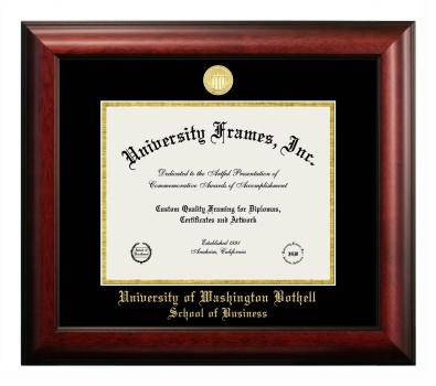 University of Washington Bothell School of Business Diploma Frame in Satin Mahogany with Black & Gold Mats for document: 8 1/2"h x 11"w  