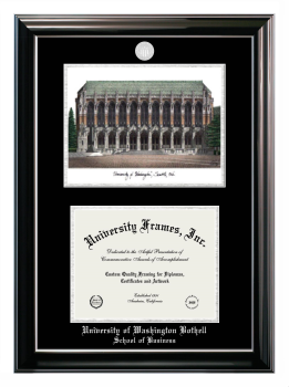University of Washington Bothell School of Business Double Opening with Campus Image (Stacked) Frame in Classic Ebony with Silver Trim with Black & Silver Mats for document: 8 1/2"h x 11"w  