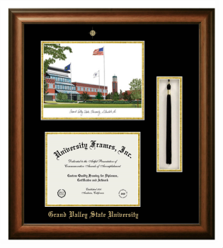 Grand Valley State University Double Opening with Campus Image & Tassel Box (Stacked) Frame in Satin Walnut with Black & Gold Mats for DOCUMENT: 8 1/2"H X 11"W  