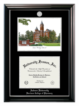 Auburn University Harrison College of Pharmacy Double Opening with Campus Image (Stacked) Frame in Classic Ebony with Silver Trim with Black & Silver Mats for document: 8 1/2"h x 11"w  