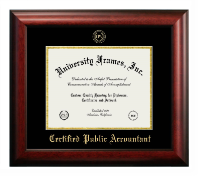 Certified Public Accountant Diploma Frame in Satin Mahogany with Black & Gold Mats for DOCUMENT: 8 1/2"H X 11"W  