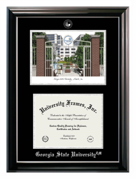 Georgia State University Double Opening with Campus Image (Stacked) Frame in Classic Ebony with Silver Trim with Black & Silver Mats for document: 8 1/2"h x 11"w  