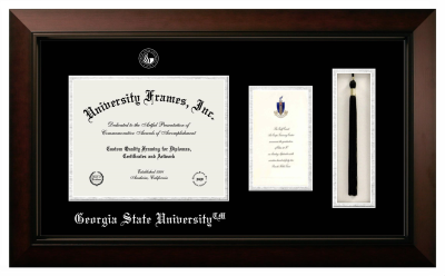 Georgia State University Diploma with Announcement & Tassel Box Frame in Legacy Black Cherry with Black & Silver Mats for document: 8 1/2"h x 11"w  , diploma: 7"h x 4"w  