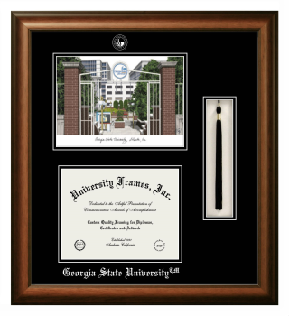 Georgia State University Double Opening with Campus Image & Tassel Box (Stacked) Frame in Satin Walnut with Black & Black Mats for document: 8 1/2"h x 11"w  