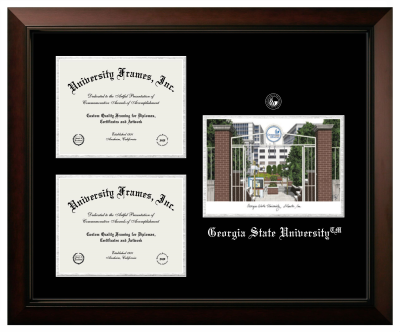 Georgia State University Triple Opening with Campus Image Frame in Legacy Black Cherry with Black & Silver Mats for document: 8 1/2"h x 11"w  , document: 8 1/2"h x 11"w  