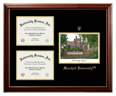 Marshall University Triple Opening with Campus Image Frame in Classic Mahogany with Gold Trim with Black & Gold Mats for document: 8 1/2"h x 11"w  , document: 8 1/2"h x 11"w  