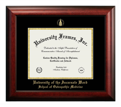 University of the Incarnate Word School of Osteopathic Medicine Diploma Frame in Satin Mahogany with Black & Gold Mats for document: 8 1/2"h x 11"w  