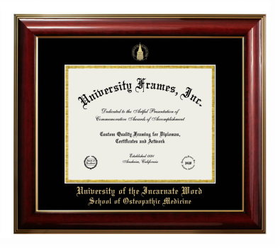 University of the Incarnate Word School of Osteopathic Medicine Diploma Frame in Classic Mahogany with Gold Trim with Black & Gold Mats for document: 8 1/2"h x 11"w  