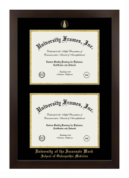 University of the Incarnate Word School of Osteopathic Medicine Double Degree (Stacked) Frame in Manhattan Espresso with Black & Gold Mats for document: 8 1/2"h x 11"w  , document: 8 1/2"h x 11"w  