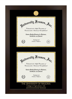 University of Arizona College of Agriculture, Life, and Environmental Sciences Double Degree (Stacked) Frame in Manhattan Espresso with Black & Gold Mats for document: 8 1/2"h x 11"w  , document: 8 1/2"h x 11"w  