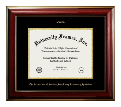 Association of Certified Anti-Money Laundering Specialists Diploma Frame in Classic Mahogany with Gold Trim with Black & Gold Mats for DOCUMENT: 8 1/2"H X 11"W  