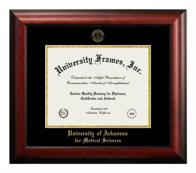 University of Arkansas for Medical Sciences Diploma Frame in Satin Mahogany with Black & Gold Mats for document: 8 1/2"h x 11"w  