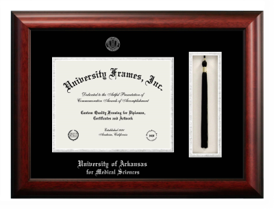 University of Arkansas for Medical Sciences Diploma with Tassel Box Frame in Satin Mahogany with Black & Silver Mats for document: 8 1/2"h x 11"w  