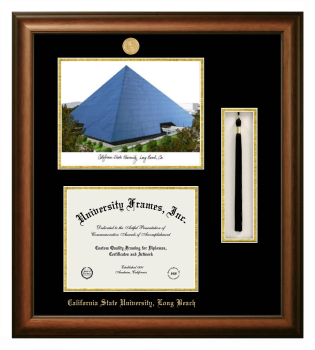 California State University, Long Beach Double Opening with Campus Image & Tassel Box (Stacked) Frame in Satin Walnut with Black & Gold Mats for document: 8 1/2"h x 11"w  