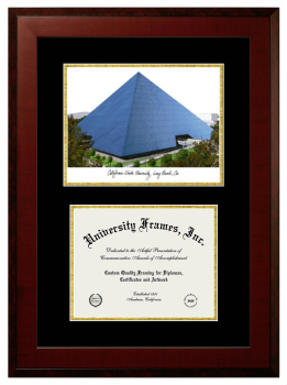 California State University, Long Beach Double Opening with Campus Image (Unimprinted Mat) Frame in Honors Mahogany with Black & Gold Mats for document: 8 1/2"h x 11"w  