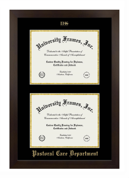 Episcopal Health Services Double Degree (Stacked) Frame in Manhattan Espresso with Black & Gold Mats for document: 8 1/2"h x 11"w  , document: 8 1/2"h x 11"w  