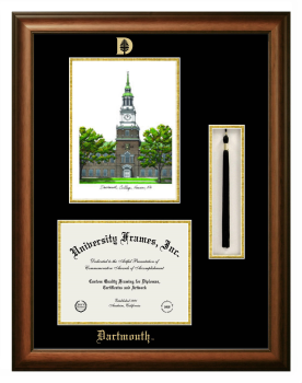 Dartmouth Double Opening with Campus Image & Tassel Box (Stacked) Frame in Satin Walnut with Black & Gold Mats for document: 8 1/2"h x 11"w  