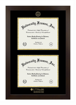 University of Texas Health Science Center at Houston Double Degree (Stacked) Frame in Manhattan Espresso with Black & Gold Mats for document: 8 1/2"h x 11"w  , document: 8 1/2"h x 11"w  