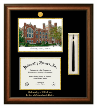 University of Oklahoma College of International Studies Double Opening with Campus Image & Tassel Box (Stacked) Frame in Satin Walnut with Black & Gold Mats for document: 8 1/2"h x 11"w  