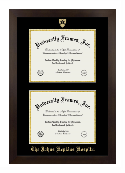 The Johns Hopkins Hospital Double Diploma Frame in Manhattan Espresso with Black & Gold Mats for DOCUMENT: 8 1/2"H X 11"W  , DOCUMENT: 8 1/2"H X 11"W  