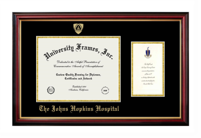 The Johns Hopkins Hospital Diploma with Announcement Frame in Petite Mahogany with Gold Trim with Black & Gold Mats for DOCUMENT: 8 1/2"H X 11"W  ,  7"H X 4"W  