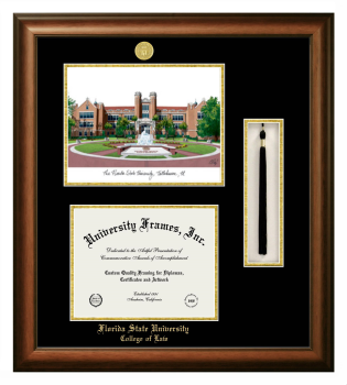 Florida State University College of Law Double Opening with Campus Image & Tassel Box (Stacked) Frame in Satin Walnut with Black & Gold Mats for document: 8 1/2"h x 11"w  