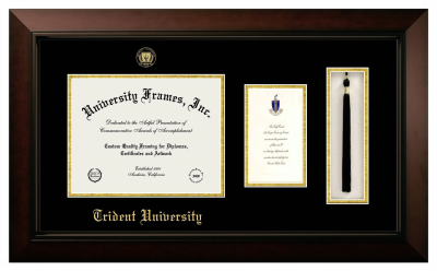 Trident University Diploma with Announcement & Tassel Box Frame in Legacy Black Cherry with Black & Gold Mats for document: 8 1/2"h x 11"w  , diploma: 7"h x 4"w  